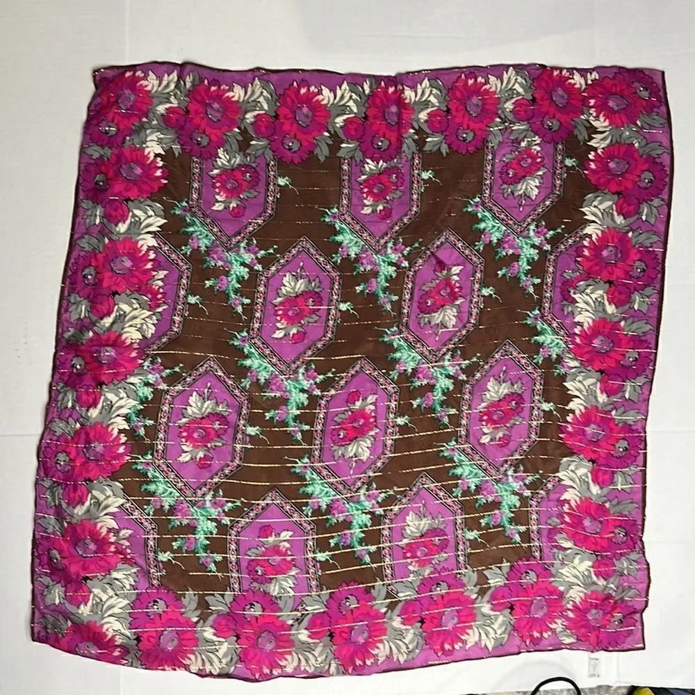 Oscar De la Renta brown and purple silk scarf with metallic details